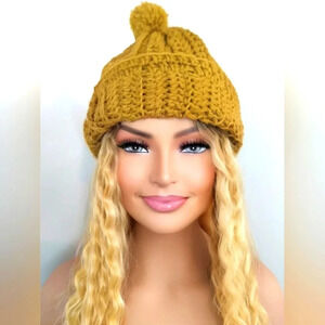 New Handmade Gold Mustard Yellow Beanie Crochet Hat Women's Acc…